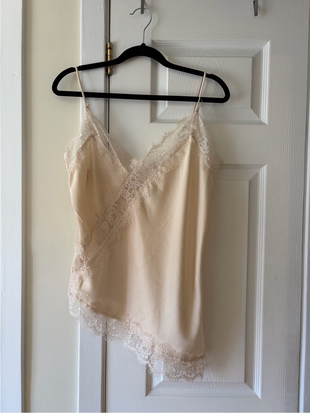 Asymmetrical Lace Trim Satin Cami Top - Cream